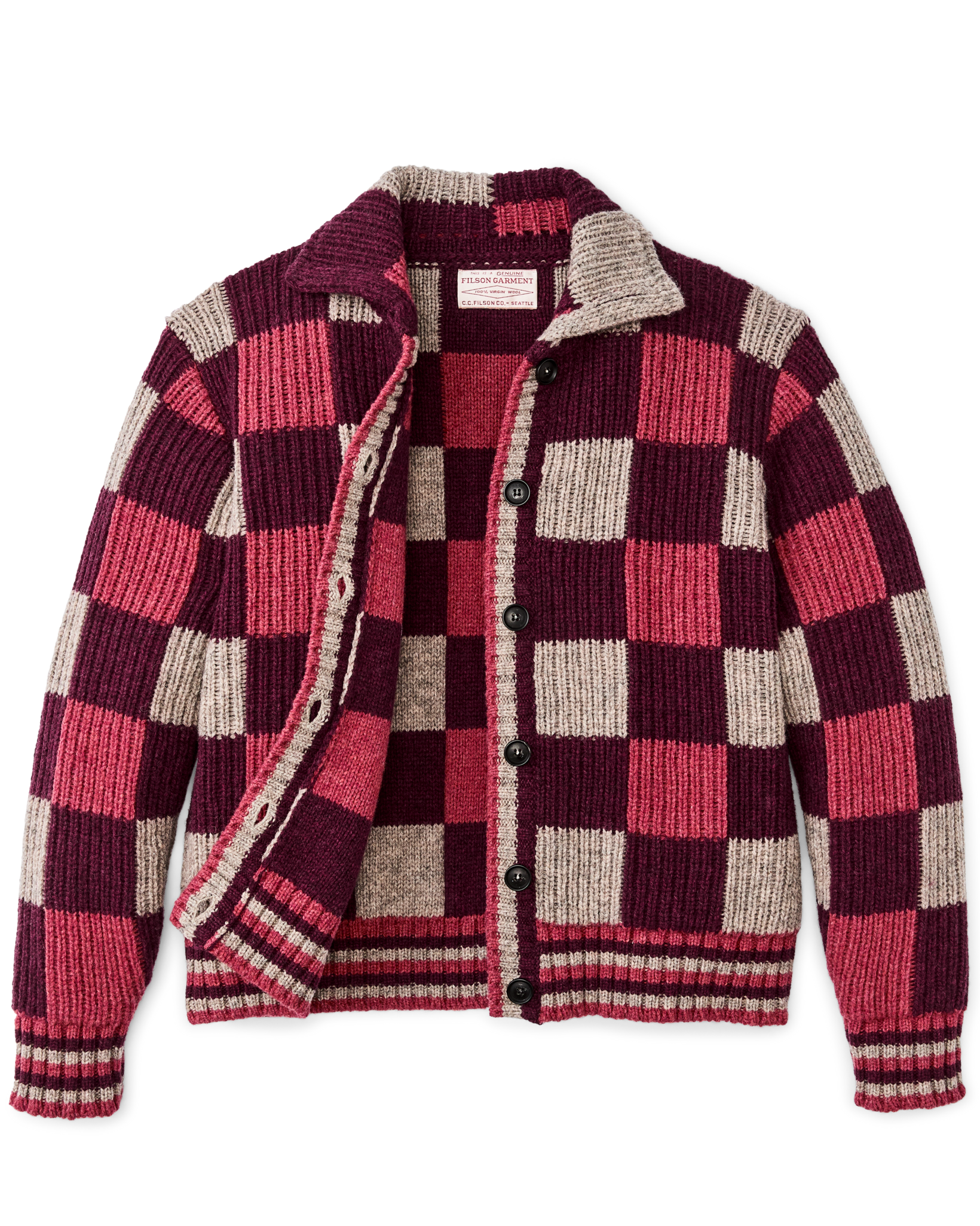 Women's Checkered Wool Cardigan - Burgundy / Gray Check - Image 6